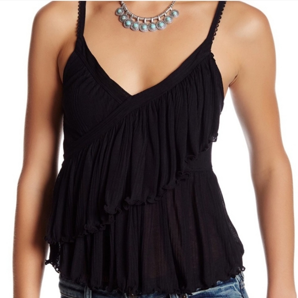 Free People Black Melbourne Tank Top Medium Ruffle Layered Loose Spaghetti Strap